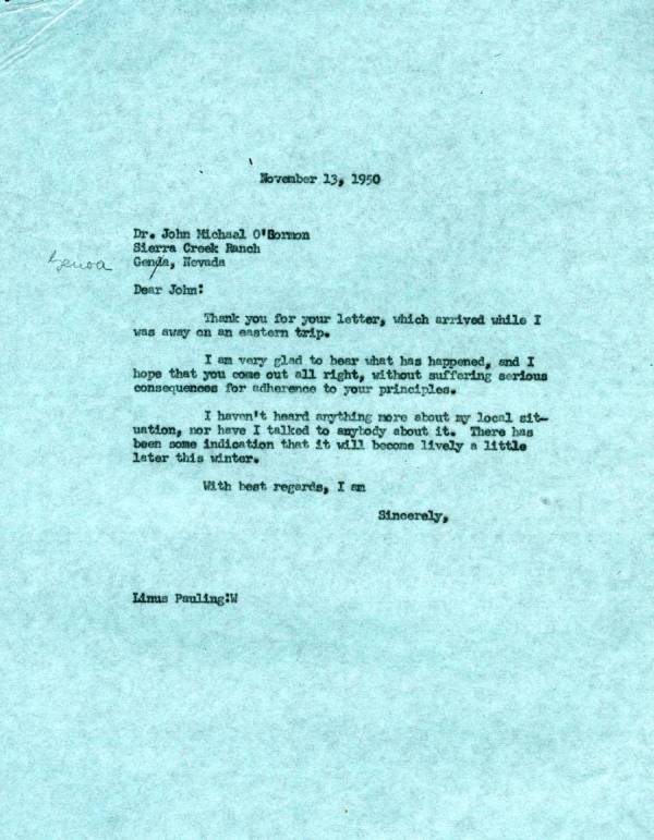Memorandum from Linus Pauling to John Michael O'Gormon. Page 1. November 13, 1950