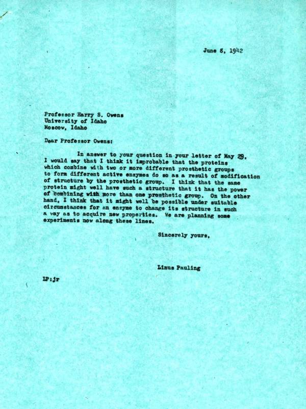 Letter from Linus Pauling to Harry S. Owens. Page 1. June 8, 1942