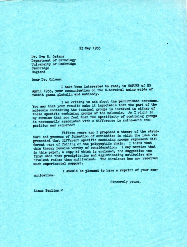 Letter from Linus Pauling to Eva S. Orlans. Page 1. May 23, 1955
