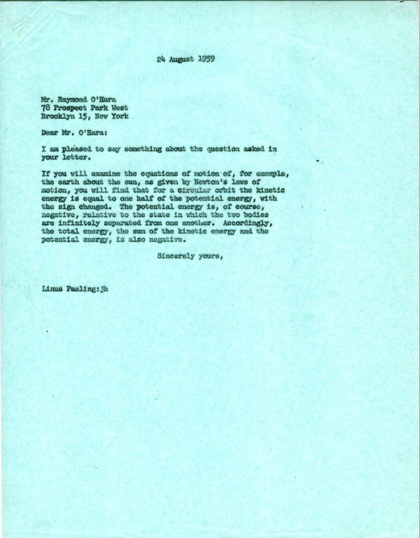 Letter from Linus Pauling to Raymond O'Hara. Page 1. August 24, 1959
