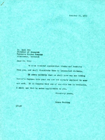 Letter from Linus Pauling to Emil Ott. Page 1. October 27, 1942