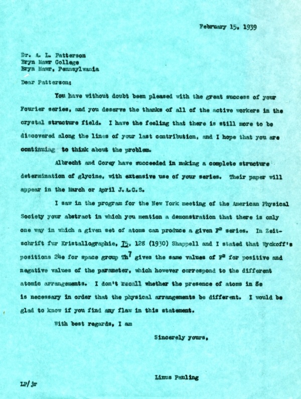 Letter from Linus Pauling to A.L. Patterson. Page 1. February 15, 1939