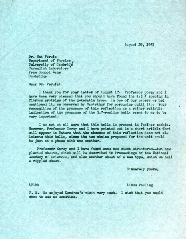 Letter from Linus Pauling to Max Perutz. Page 1. August 29, 1951