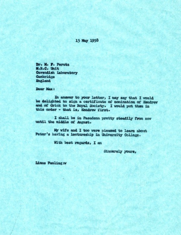 Letter from Linus Pauling to Max Perutz. Page 1. May 13, 1958