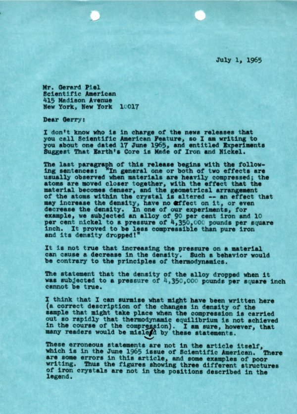 Letter from Linus Pauling to Gerard Piel. Page 1. July 1, 1965