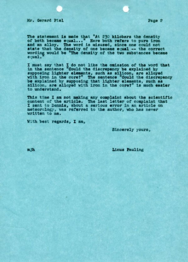 Letter from Linus Pauling to Gerard Piel. Page 2. July 1, 1965