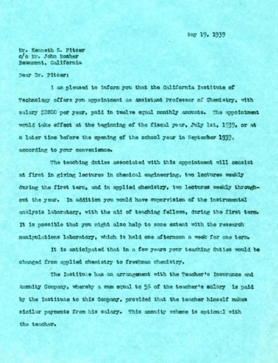 Letter from Linus Pauling to Kenneth Pitzer. Page 1. May 19, 1939