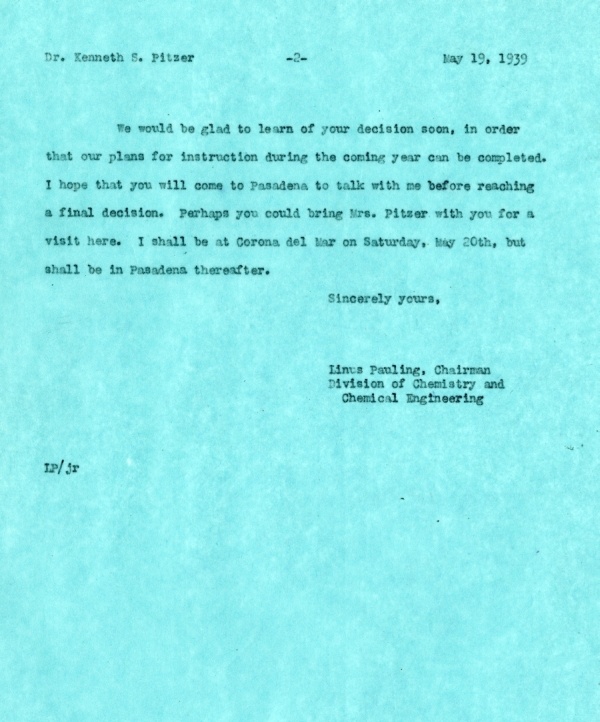 Letter from Linus Pauling to Kenneth Pitzer. Page 2. May 19, 1939