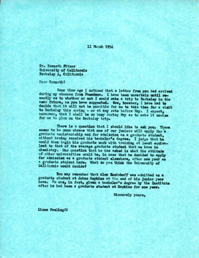 Letter from Linus Pauling to Kenneth Pitzer. Page 1. March 11, 1954