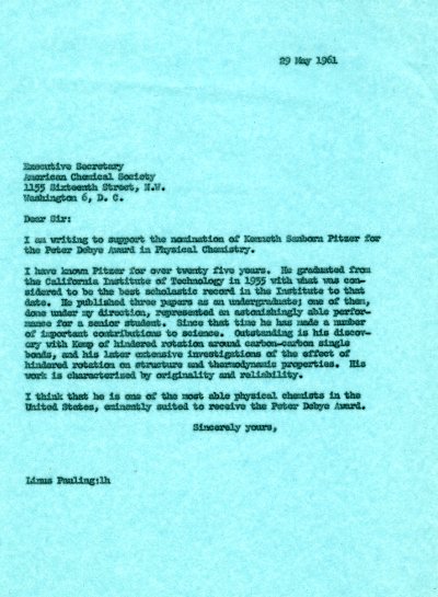 Letter from Linus Pauling to the Executive Secretary of the American Chemical Society. Page 1. May 29, 1961