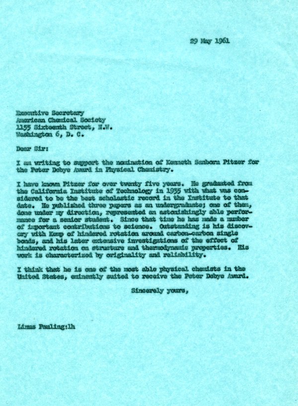 Letter from Linus Pauling to the Executive Secretary of the American Chemical Society. Page 1. May 29, 1961