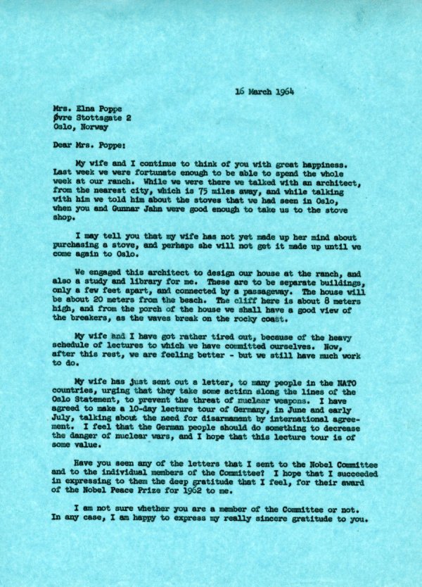 Letter from Linus Pauling to Elna Poppe. Page 1. March 16, 1964