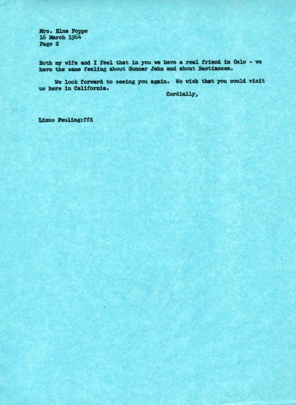 Letter from Linus Pauling to Elna Poppe. Page 2. March 16, 1964