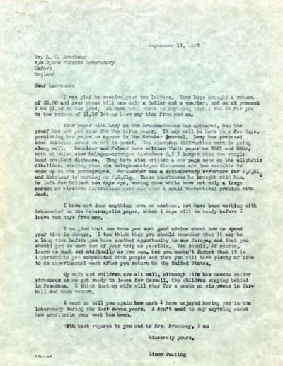 Letter from Linus Pauling to Lawrence Brockway. Page 1. September 17, 1937