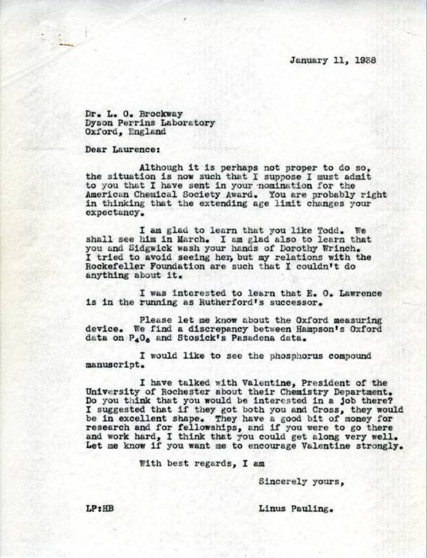 Letter from Linus Pauling to Lawrence Brockway. Page 1. January 11, 1938