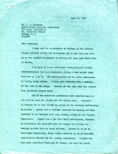 Letter from Linus Pauling to Lawrence Brockway. Page 1. June 27, 1938