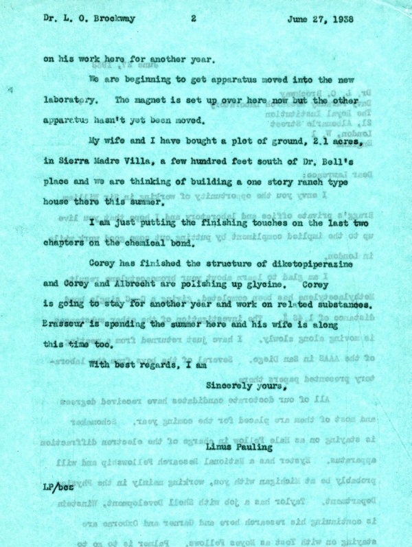 Letter from Linus Pauling to Lawrence Brockway. Page 2. June 27, 1938
