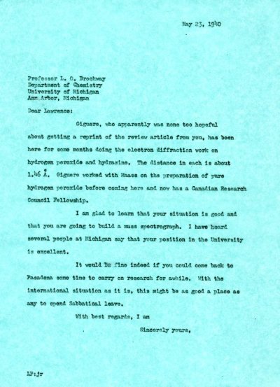 Letter from Linus Pauling to Lawrence Brockway. Page 1. May 23, 1940