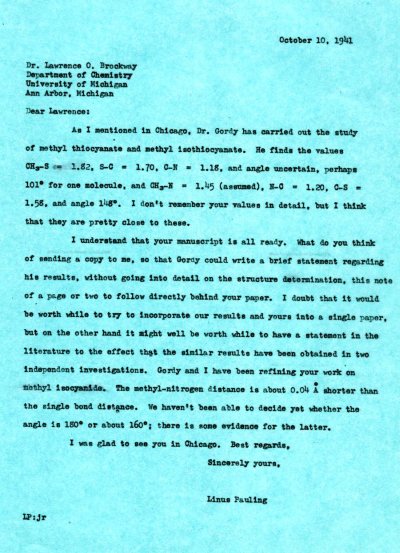 Letter from Linus Pauling to Lawrence Brockway. Page 1. October 10, 1941