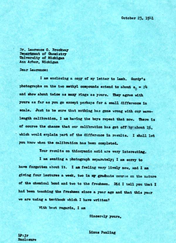 Letter from Linus Pauling to Lawrence Brockway. Page 1. October 23, 1941