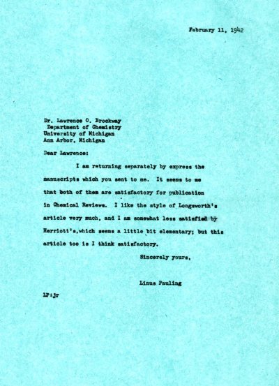Letter from Linus Pauling to Lawrence Brockway. Page 1. February 11, 1942