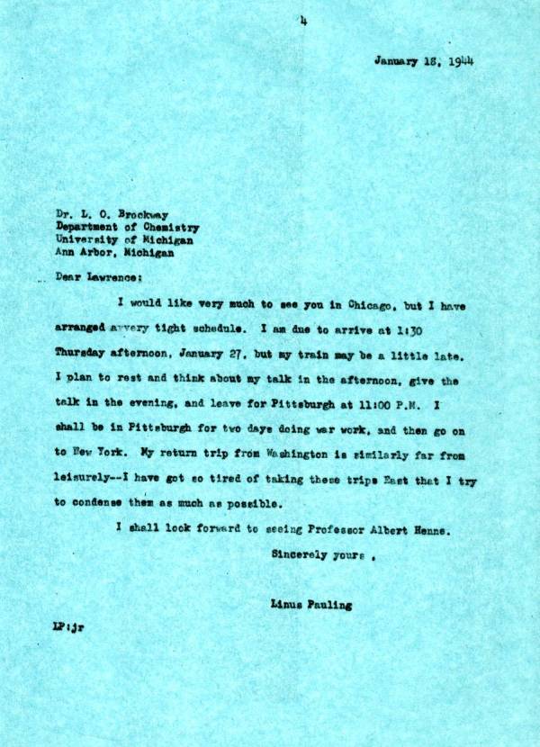 Letter from Linus Pauling to Lawrence Brockway. Page 1. January 18, 1944