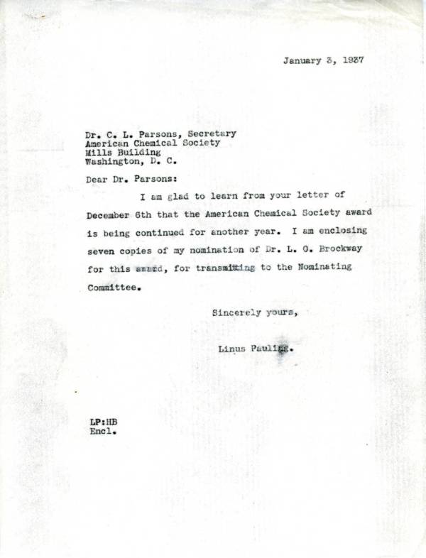 Letter from Linus Pauling to Charles L. Parsons Page 1. January 3, 1937