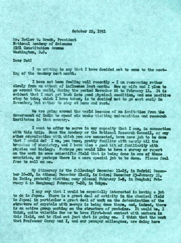 Letter from Linus Pauling to Detlev Bronk. Page 1. October 22, 1951