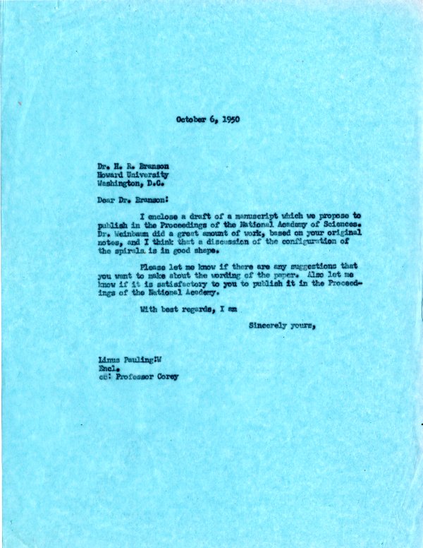 Letter from Linus Pauling to Herman Branson. Page 1. October 6, 1950
