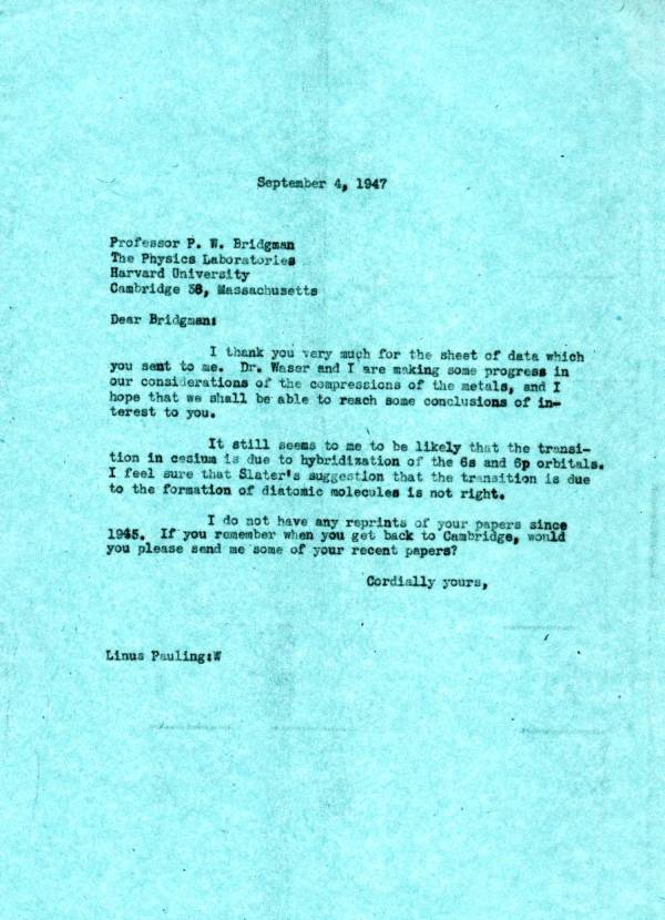 Letter from Linus Pauling to P.W. Bridgman. Page 1. September 4, 1947