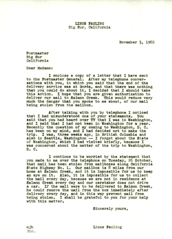Letter from Linus Pauling to the Postmaster of Big Sur, California. Page 1. November 3, 1965