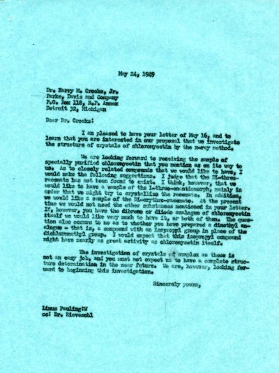 Letter from Linus Pauling to Harry M. Crooks, Jr. Page 1. May 24, 1949