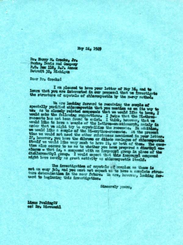 Letter from Linus Pauling to Harry M. Crooks, Jr. Page 1. May 24, 1949