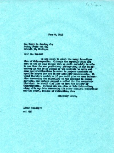Letter from Linus Pauling to Harry M. Crooks, Jr. Page 1. June 9, 1949