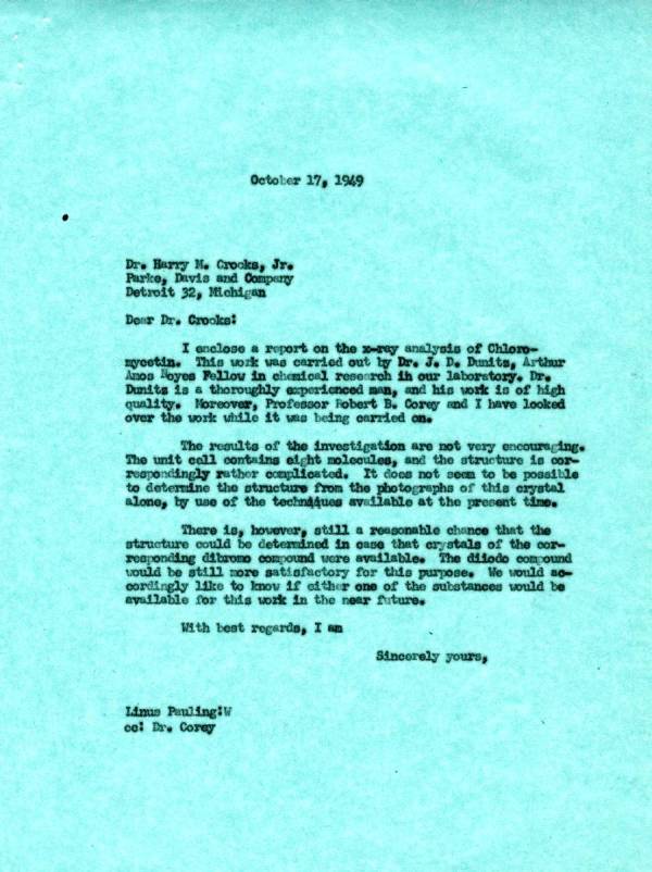 Letter from Linus Pauling to Harry M. Crooks, Jr. Page 1. October 17, 1949