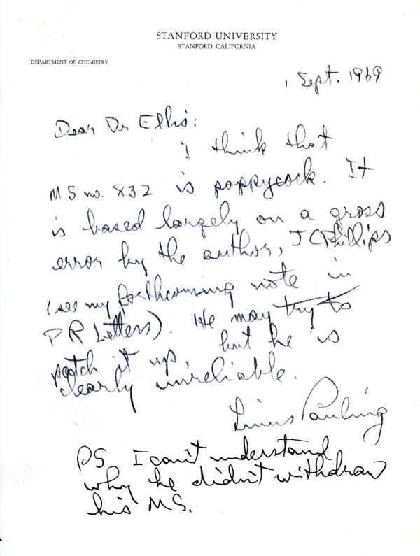 Handwritten note from Linus Pauling to R. Hobart Ellis. Page 1. September 1, 1969