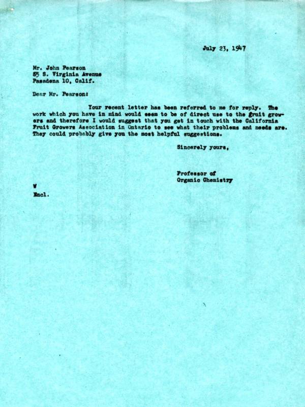 Letter from Linus Pauling to John Pearson. Page 1. July 23, 1947