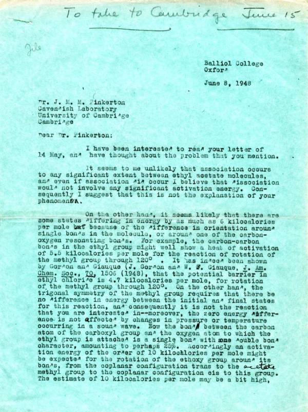 Letter from Linus Pauling to J.M.M. Pinkerton. Page 1. June 8, 1948