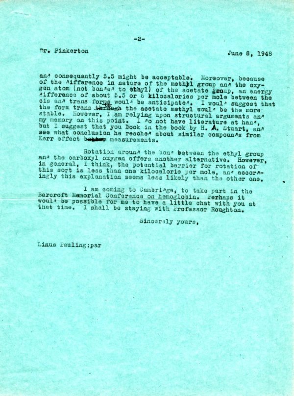Letter from Linus Pauling to J.M.M. Pinkerton. Page 2. June 8, 1948