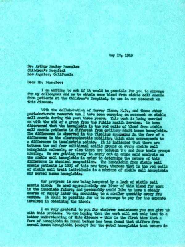 Letter from Linus Pauling to Arthur Hawley Parmalee. Page 1. May 10, 1949