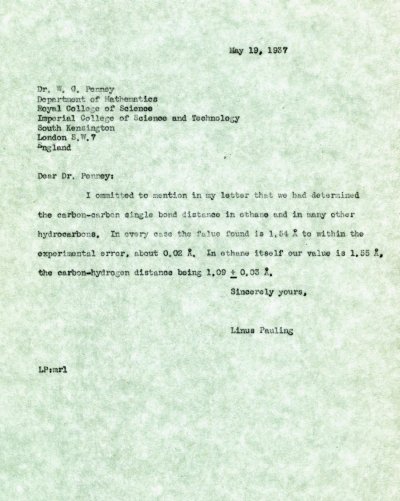 Letter from Linus Pauling to W.G. Penney. Page 1. May 19, 1937