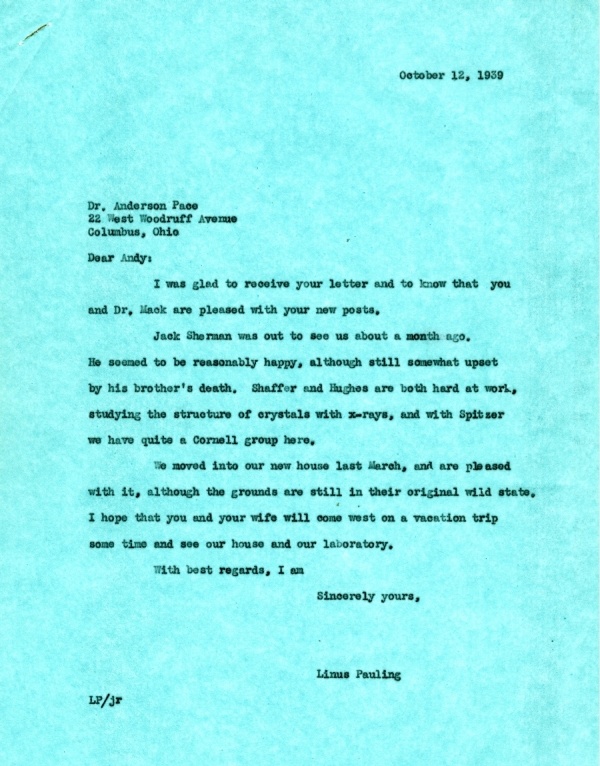 Letter from Linus Pauling to Anderson Pace. Page 1. October 12, 1939