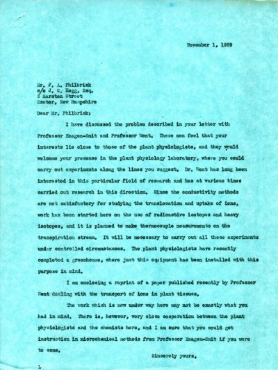 Letter from Linus Pauling to Frederick A. Philbrick. Page 1. November 1, 1939