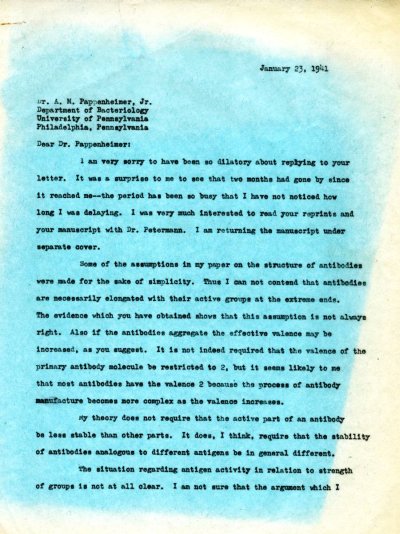 Letter from Linus Pauling to A.M. Pappenheimer, Jr. Page 1. January 23, 1941