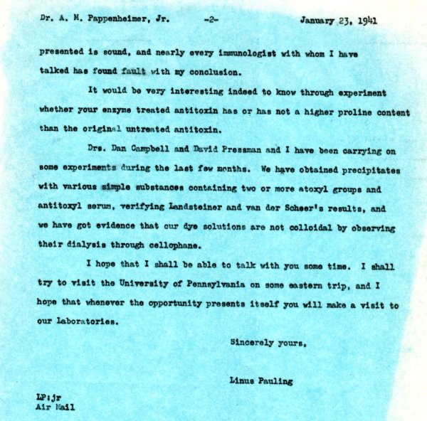 Letter from Linus Pauling to A.M. Pappenheimer, Jr. Page 2. January 23, 1941