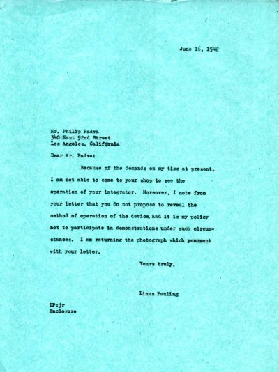 Letter from Linus Pauling to Philip Padva. Page 1. June 16, 1942