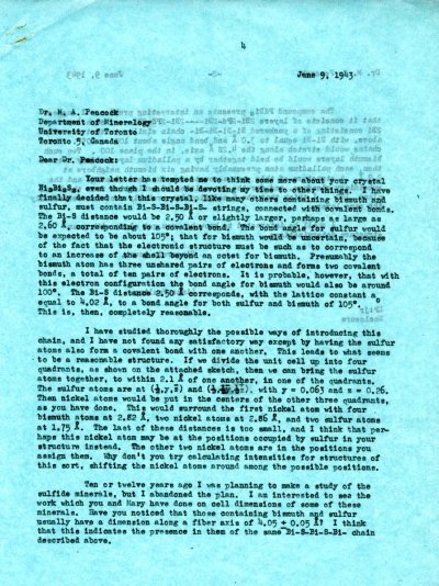 Letter from Linus Pauling to M.A. Peacock. Page 1. June 9, 1943