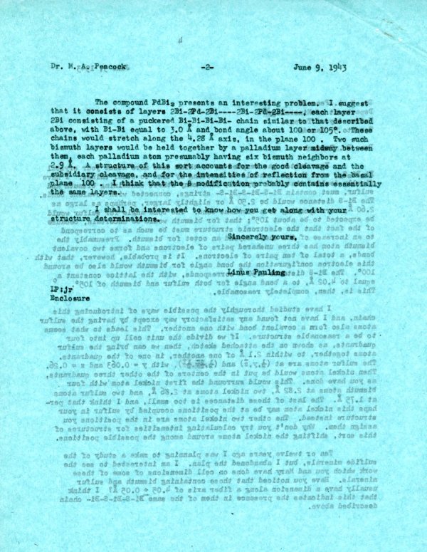 Letter from Linus Pauling to M.A. Peacock. Page 2. June 9, 1943