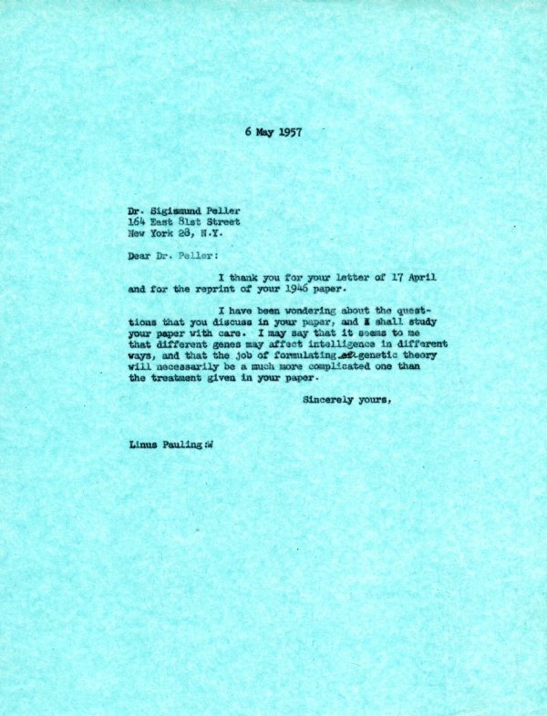 Letter from Linus Pauling to Sigismund Peller. Page 1. May 6, 1957