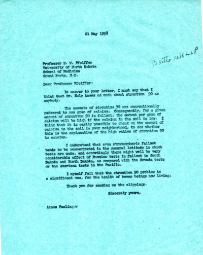 Letter from Linus Pauling to E.W. Pfeiffer Page 1. May 21, 1958